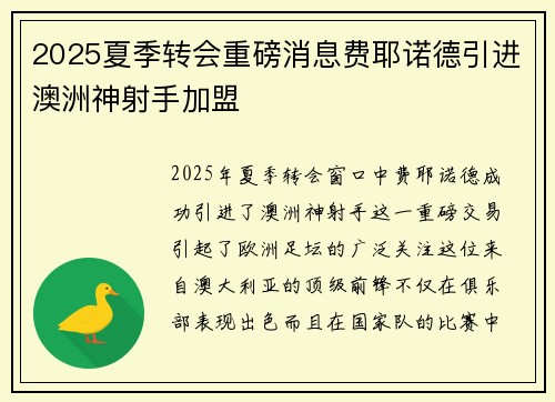 2025夏季转会重磅消息费耶诺德引进澳洲神射手加盟