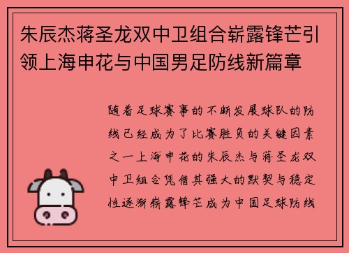 朱辰杰蒋圣龙双中卫组合崭露锋芒引领上海申花与中国男足防线新篇章